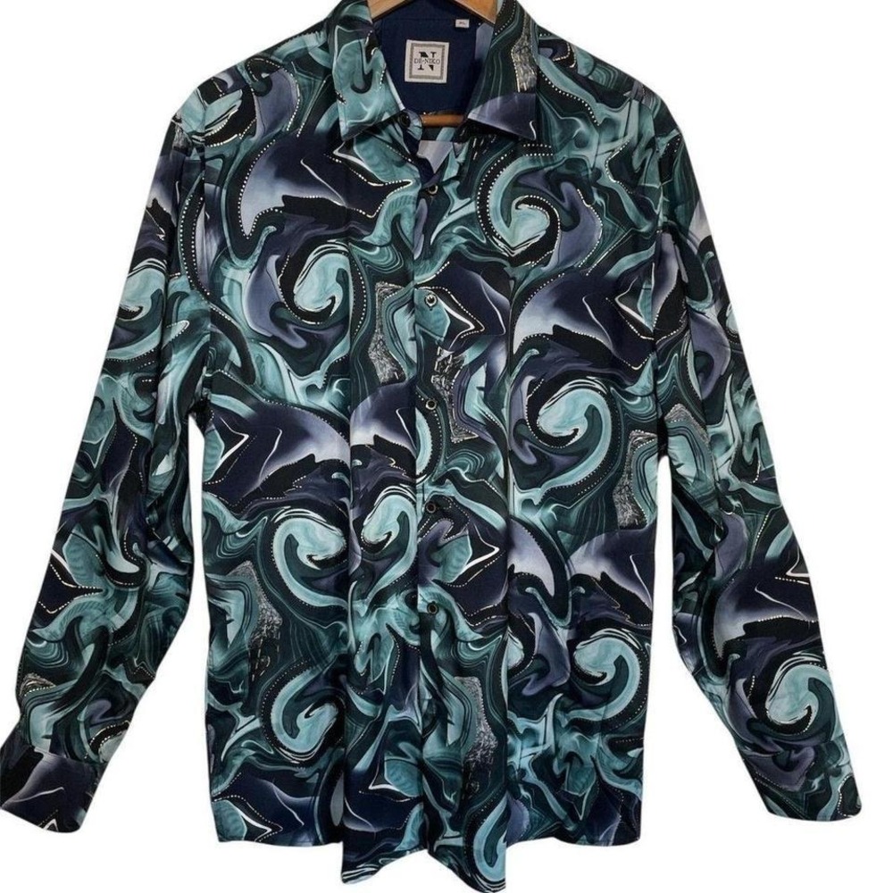 De-Niko‎ Button Down Shirt Mens XL Teal Blue Marble Swirl Long Sleeve